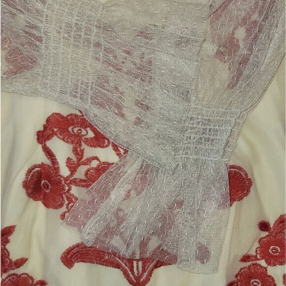 Forever Unique Rosier Frill Lace Foral Embroidered Holiday Dress Red Nude Tan 12 - Picture 7 of 11